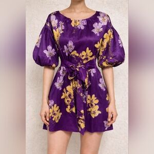 NY&C Purple Floral Satin Dress | Puff Sleeves | Belted Waist | Size M